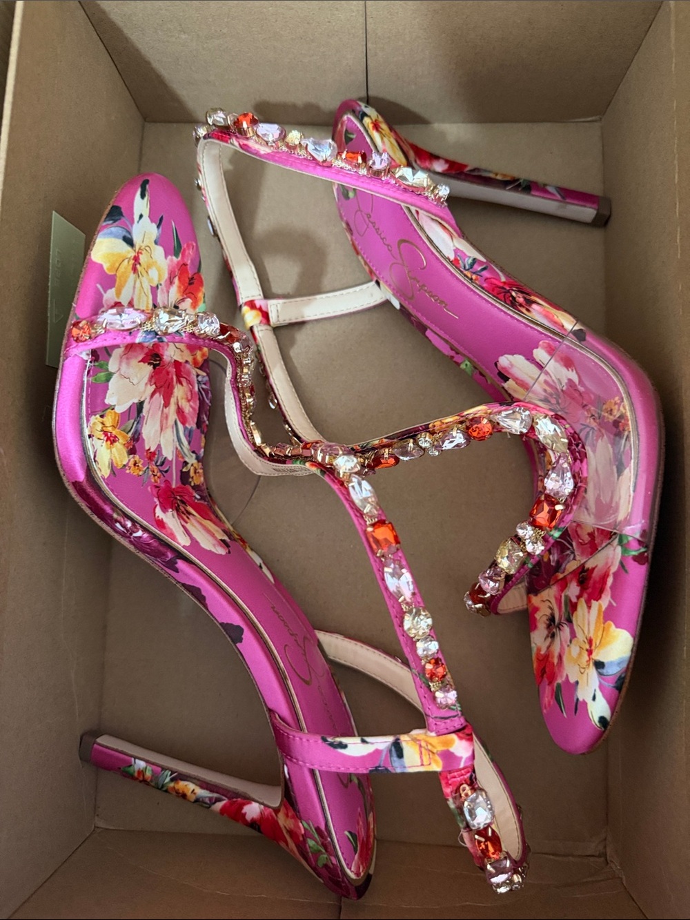 Pink Floral Crystal T-Strap Stiletto Sandals